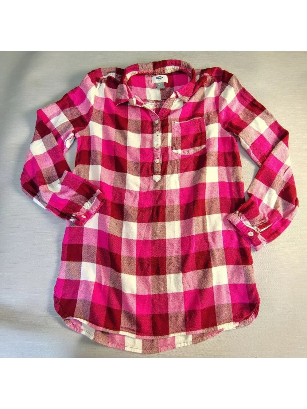Old Navy Girls Flannel Shirt XL 14 Pink Magenta Plaid Long Sleeve Button Pocket